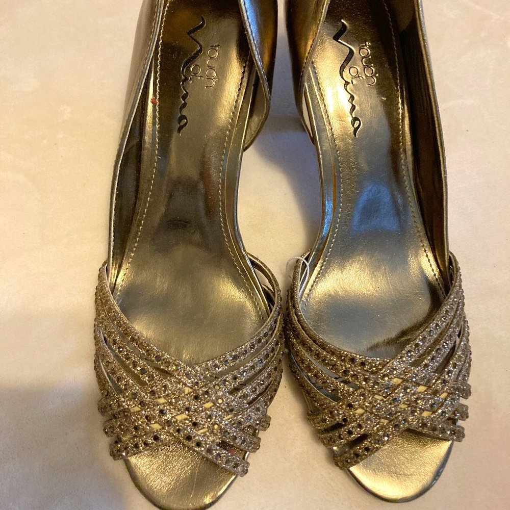 Nina Gold Glitter, Rhinestone Open Toe Pumps
